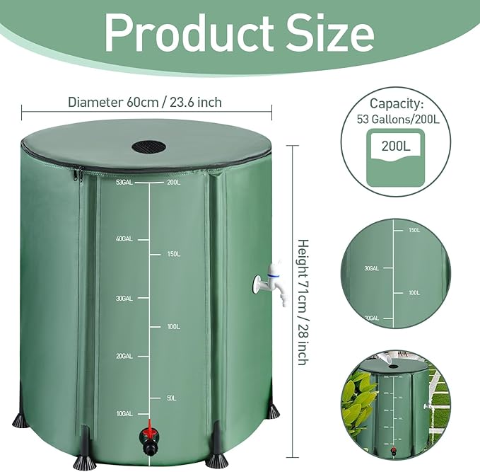 53 Gallon Collapsible Rain Barrel with Zipper Open and 12 Poles | 200L Protable Rainwater Collection System Kit,1000D Oxford,Rain Catcher Barrel for Outdoor Garden Camping