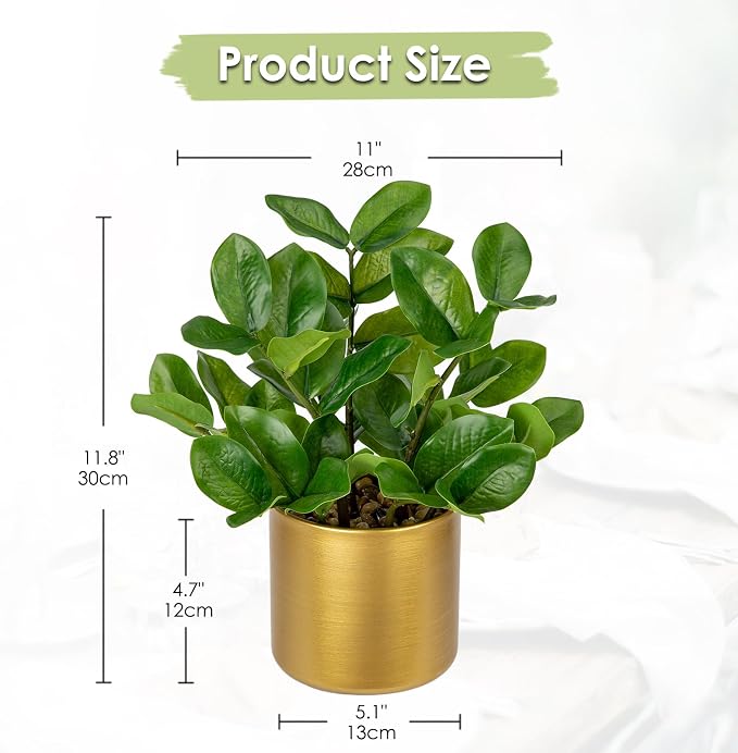 Briful Faux Plants Indoor Artificial ZZ Plant with Gold Pot 11.8in Realistic Fake Silk Plants for Home Office Bathroom Kitchen Dining Table Centerpiece Decoration