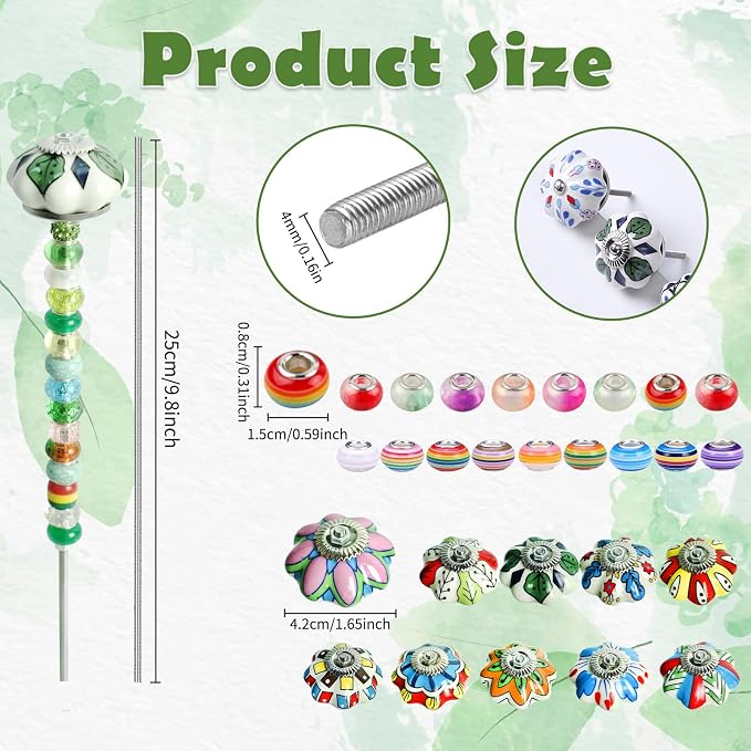 250Pcs Mushroom Beaded Garden Stakes, DIY Ceramic Wand Decor | Contains 250pcs: Ceramic Mushroom Tops, Acrylic Beads, 9.8" & 2.5" Steel Rods, Perfect for Pots, Planters, Patio, or Gifts