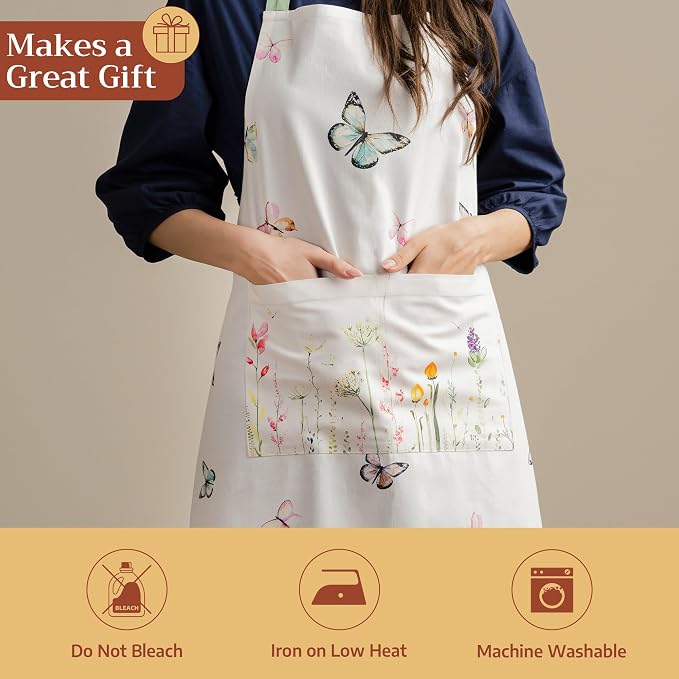 Maison d' Hermine Aprons for women with Pocket 100% Cotton (27.50"x31.50") | Adjustable Neck Strap & long ties Apron Men Chef Wedding Cooking Gardening Server Maid