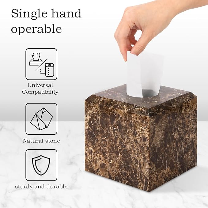 Natural Marble Square Tissue Box Cover,Stone Modern Decorative Sturdy Napkin Box Holder Case,Facial Paper Organizer for Bathroom Vanity Toilet Countertop,Kitchen (1, Dark Brown, 5.71 * 5.71 * 5.51)