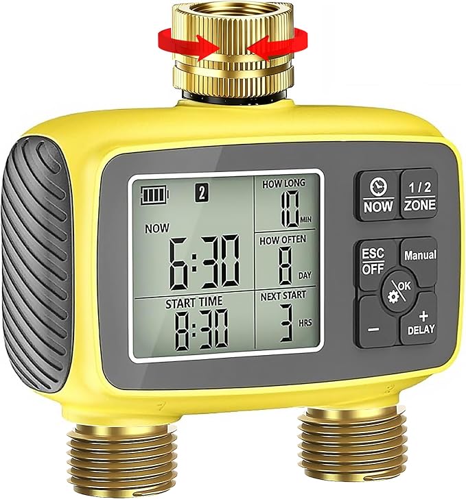Boltigen Upgraded Brass Sprinkler Timer-2 Zone Water Hose Timers with Metal Inlet & Outlet-Waterproof & Programmable Design Timer Rain Delay & Manual Watering, for Outdoor Garden Irrigation Lawn Yard