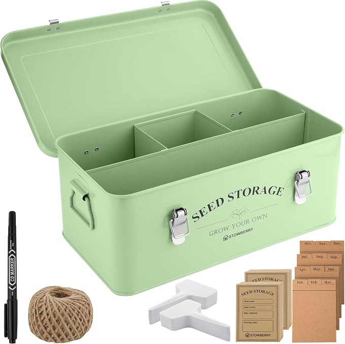Seed Storage Box Organiser – Green Garden Seeds Tin with Lid, Side Handles, 4 Compartments & Safety Lock – Seed Packet Container for Gardeners – Gardening Gift Idea with Over 200 Accessories | Seed Tin with Lid, Handles, 4 Sections & Safety Lock, Over ...
