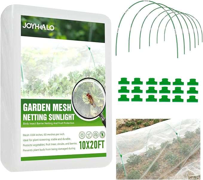 joyhalo 36pcs Garden Hoops for Raised Beds, Garden Mesh Netting Kit with 10x20 Ft Net, Bird & Cicada Netting for Trees, Garden Mesh Protection for Greenhouse, Vegetable, 18 Clips Included