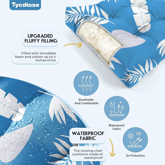 All Weather 3 Piece Wicker Furniture Chair Cushions, Waterproof Outdoor Wicker Chair Cushion for Patio Furniture Loveseat Settee Bench, 1 Loveseat and 2 U-Shaped Thickened Cushions, Blue Leaf