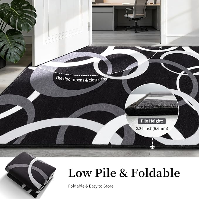 Washable Black and White Living Room Rug Non Slip, Soft 6x9 Area Rugs for Bedroom Dining Room Low Pile, Modern Concentric Circle Pattern Carpet for Playroom Home Office Decor