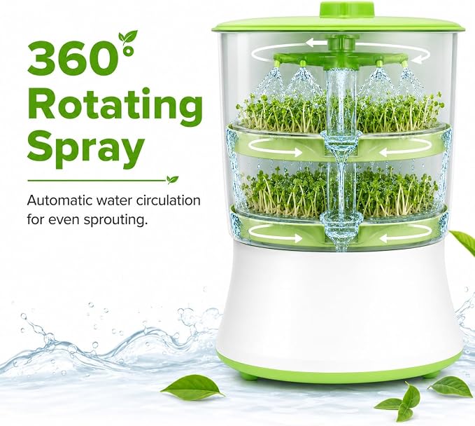 110V Bean Sprouts Machine, Intelligent Automatic Bean Sprouts Maker | 2 Layers Large Capacity Seed Grow Cereal Tool, 3 seasonal temp modes and 360° auto spray for Radish Wheatgrass Broccoli
