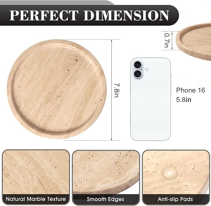 Natural Round Marble Tray - 7.8" Travertine Marble Vanity Tray for Dresser, Bathroom, Decorative Jewelry Dish for Perfumes Rings Earrings Necklaces, Stone Tray for Home Décor, Beige