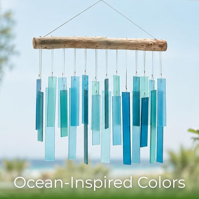 Solange & Frances Glass Wind Chimes for Outside. Handmade Hanging Wind Chimes Coastal Beach Decor, Pool Area Gift Outdoor Decor Gift for Women, Gifts for Mom, Birthday Gifts for Women