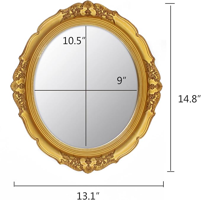 Eaoundm 13.1 x 14.8 inchs Decorative Wall Mirror,Oval (Gold 2 Pcs) | Vintage Hanging Mirrors for Bedroom Living-Room Dresser Decor