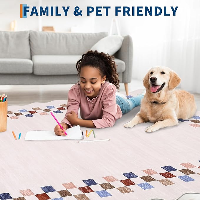 GarveeHome Rug Runners for Hallways 2x8 Washable Scalloped Kitchen Rug | Non Slip Low Pile Throw Carpet Modern Bordered Bathroom Checkered Rugs for Living Room Bedroom Entryway Nursery, Colorful