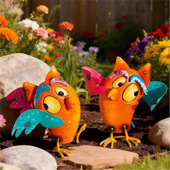 Natelf Bird Garden Decor Outdoor Statues Yard Art Set of 2 | Metal Figurines, Wacky Funny Design, Gifts for Grandma Mom Women