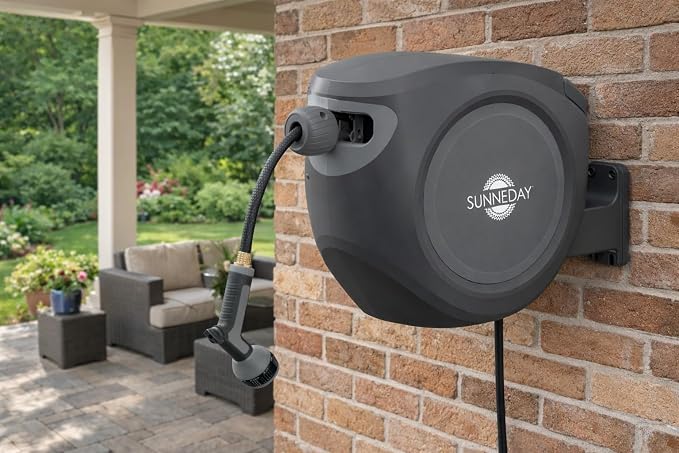 Sunneday SW-75S 75ft Retractable Hose Reel | Automatic Retractable w/Wall Mount | Easy to Assemble Reel w/Flexible Swivel Mount (75FT 1/2)
