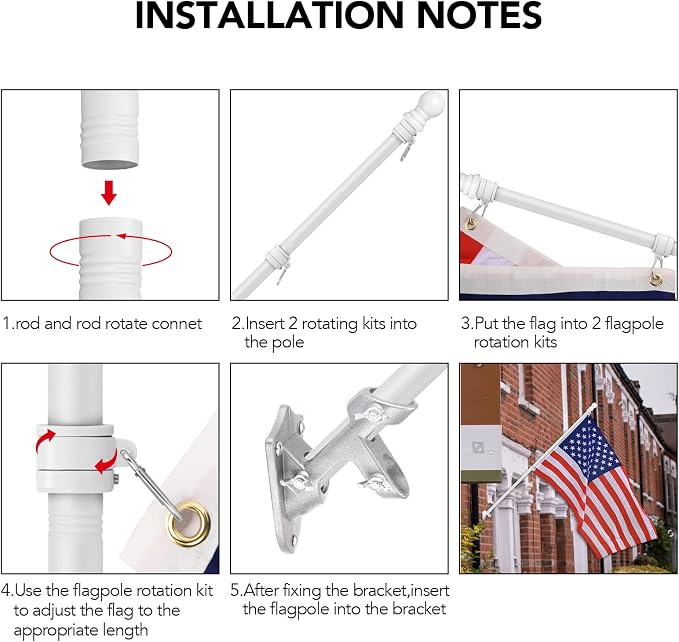 Yeesun 6 FT Wall Mount Flag Pole Kit with 3x5 American Flag, White, for Home Porch, Outdoor Deco. Residential or Commercial, Tangle Free