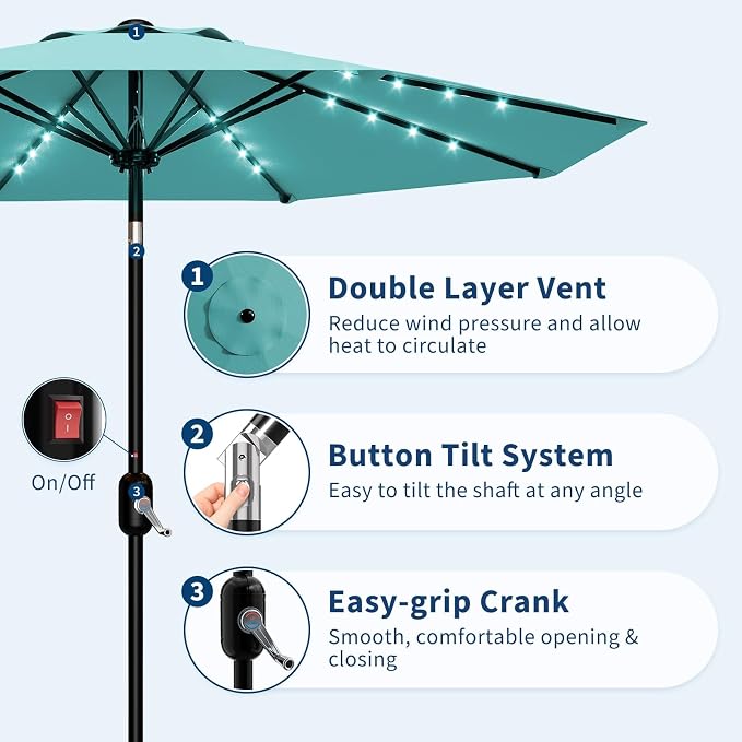 Patio Umbrella with Solar Lights, Outdoor Table Umbrella with 8 Durable Ribs, Tilt & Crank Mechanism, Water & UV Protection Sun Shade Umbrella for Garden, Poolside, Backyard (Yellow, 10 FT)