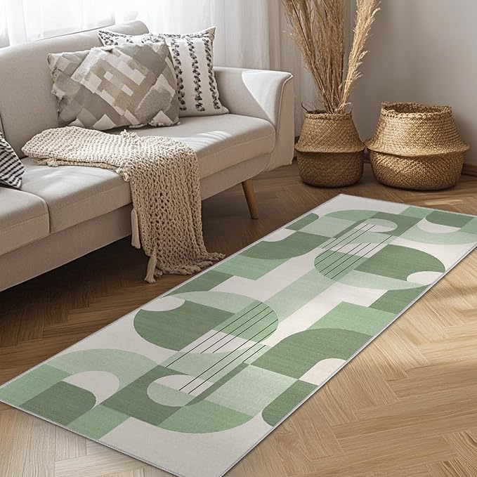 2x6 Green and White Geometric Boho Runner Rug for Kitchen Entryway Hallway Abstract Area Rug Machine Washable Non-Slip Carpet for Bedroom Bathroom Bedside