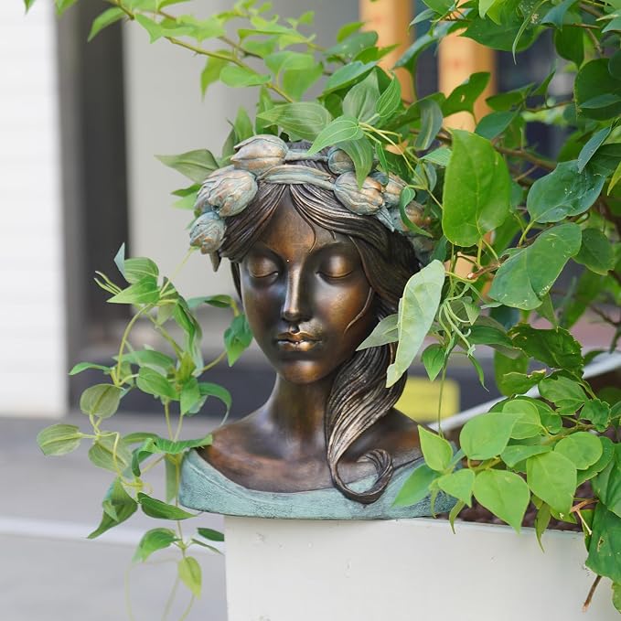 DiliComing Head Planter Face Plant Pots - 10 Inch Flower Pot Succulents Large Outdoor Planters Indoor with Drainage Resin Lady Bronze Statue for Garden Home Decor Porch Gift for Plant Lovers
