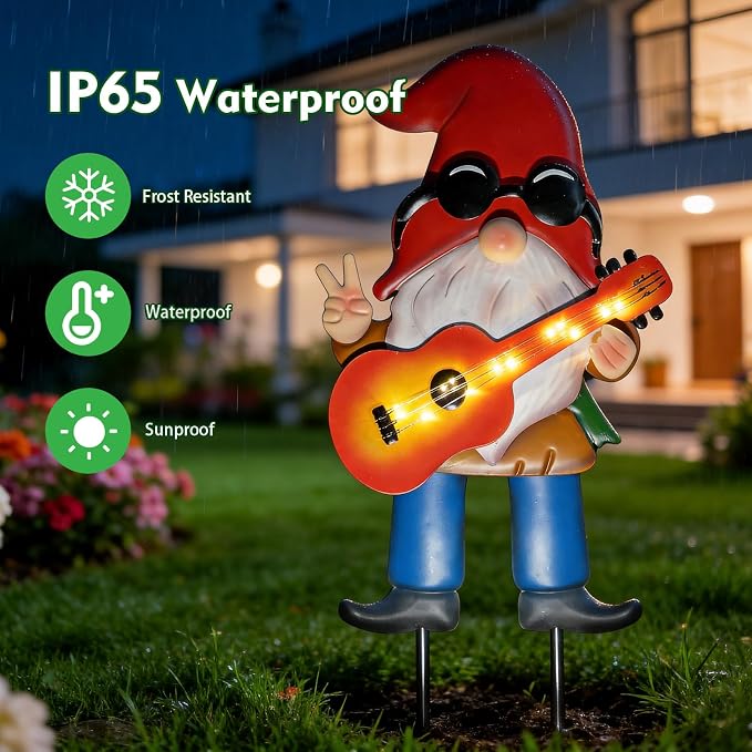 28" Solar Garden Gnome Decor with Light Up Guitar - Outdoor Decorative Stake for Patio, Yard & Lawn | Unique Rock Music Gnome Decor