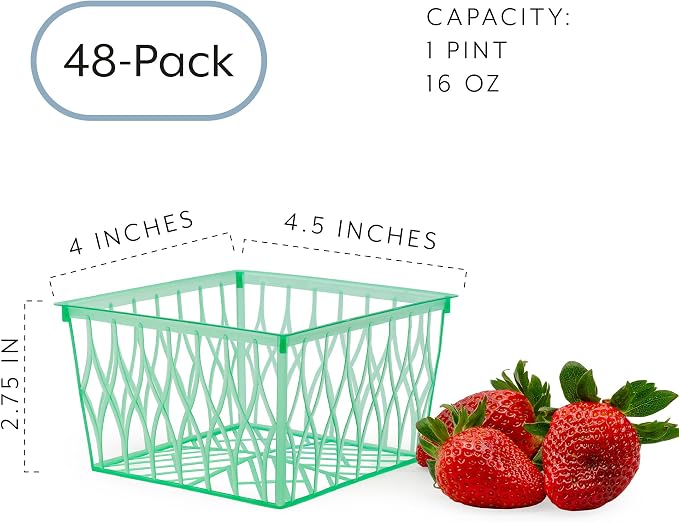 Cornucopia Brands Pint Size Plastic Berry Baskets (48-Pack), 4-Inch Berry Boxes w/Open-Weave Pattern, Ideal for Summer Picking & Crafts! (48 Boxes)