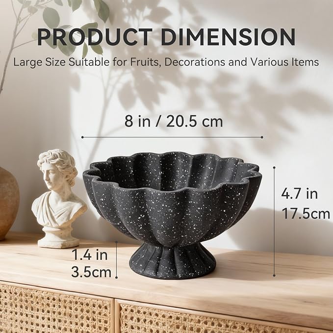 Pedestal Decorative Bowl Home Decor - 7.9" Morden Resin Handmade Decorative Fruit Bowl for Kitchen Counter, Chic Ruffle Bowl Centerpiece Decor for Dining Table Coffee Table (Starry Black)