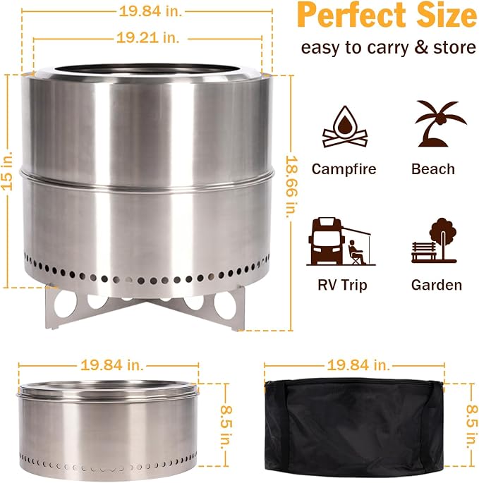 BRIOPAWS Large Smokeless-fire-pit Outdoor | 19 IN | 304 Stainless-Steel-Firepit | Portable Solo Fire Pits for Outside, Camping | Low Smoke Stove | Wood Burning Chimenea, Inclu. Bag, BBQ Forks, Handles