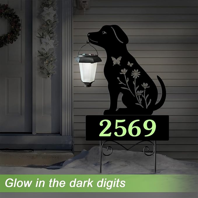 Solar House Numbers for Outside,YY Gardenia Metal Dog Address Signs for Houses with Glow in the Dark,Outdoor Decorative for Garden,Lawn,Patio,Pathway