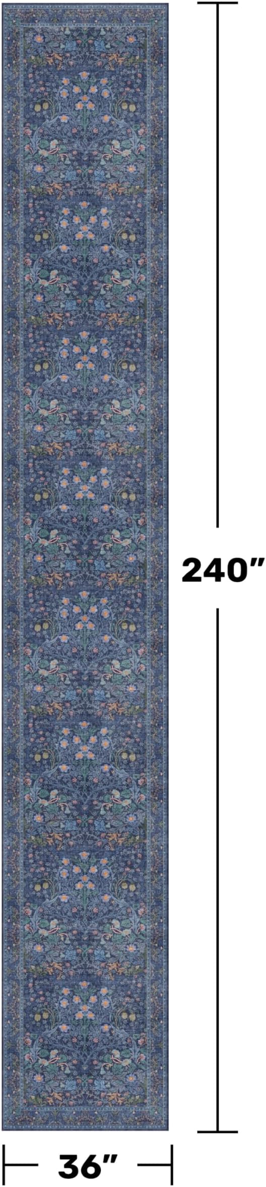 Dark Blue Boho 3x20 Extra Long Runner Rug for Hallway Non Slip, Low Pile Washable Large Kitchen Floor Rug, Soft Stain Resistant Water Resistant Vintage Floral Carpet