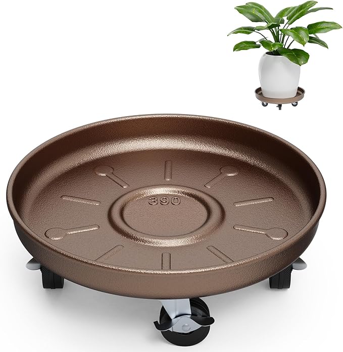 Plant Saucer 14" Rolling Plant Caddy Rolling Plant Stand with Wheels – Heavy Duty Metal, Locking, Sturdy, Rust-Resistant Finish, and Easy to Move, 390 lb Capacity