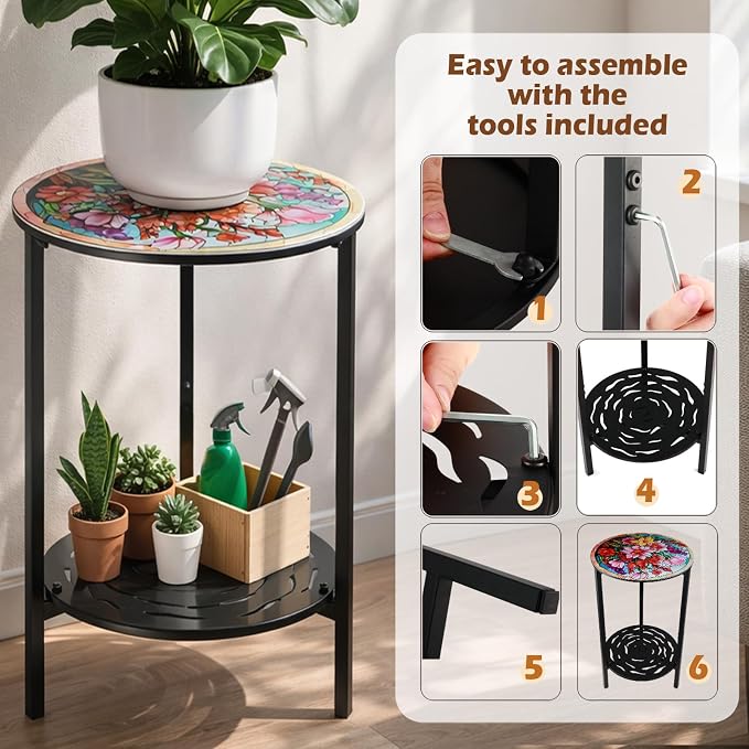 2-Tier Metal Round Side Table Accent Coffee Tables Small Space Corner Plant Stand Shelf for Indoor Outdoor Use Patio Balcony End Table Colorful Floral Print Weather-Resistant