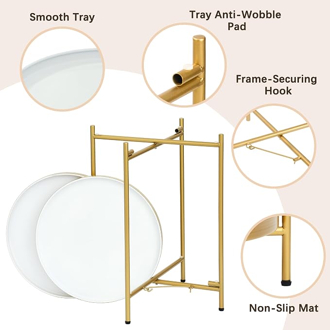 2-Tier Round End Side Table, Small Metal Side Table with Removable Tray, Folding Accent Tables for Living Room, Balcony, Nightstand for Bedroom, Outdoor Tables for Patio, Gold&White