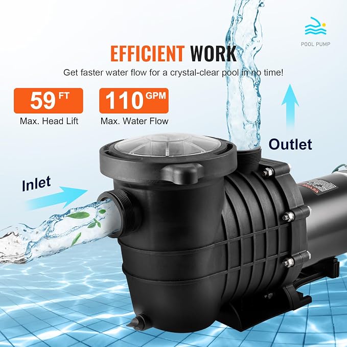 VEVOR Above Ground Pool Pump, 2 HP Single-Speed Operation Pump with 110 GPM Max Flow, 3450 RPM, 110V/240V, 59 ft Max Head, Equipped with a Filter Basket, for Above Ground Pools, Spas, and Hot Tubs