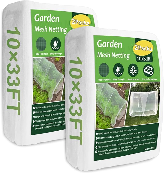 NONMON Garden Netting, 2 Pack 10x33Ft Ultra Fine Mesh Insect Netting Pest Barrier Protection Plant Row Cover Mosquito Netting for Vegetable Fruits Blueberry Bushes Flowers Crops Raised Bed