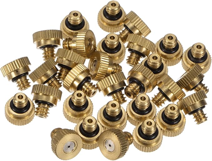 M METERXITY 30-Pack Brass Misting Nozzle, 0.028" 0.7mm Orifice 10/24 UNC O-Ring Replacement Mister Nozzles Plug Mister Heads for Garden Patio Outdoor Cooling System Low-Pressure Atomizing