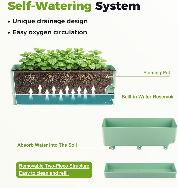 2 Pack Self Watering Pots for Indoor Plants 17 Inches Window Boxes Planters Rectangular Flower Pots Rectangle Herb Pots Large Plant Pots with Drainage Holes and Saucers Windowsill Planter, Green