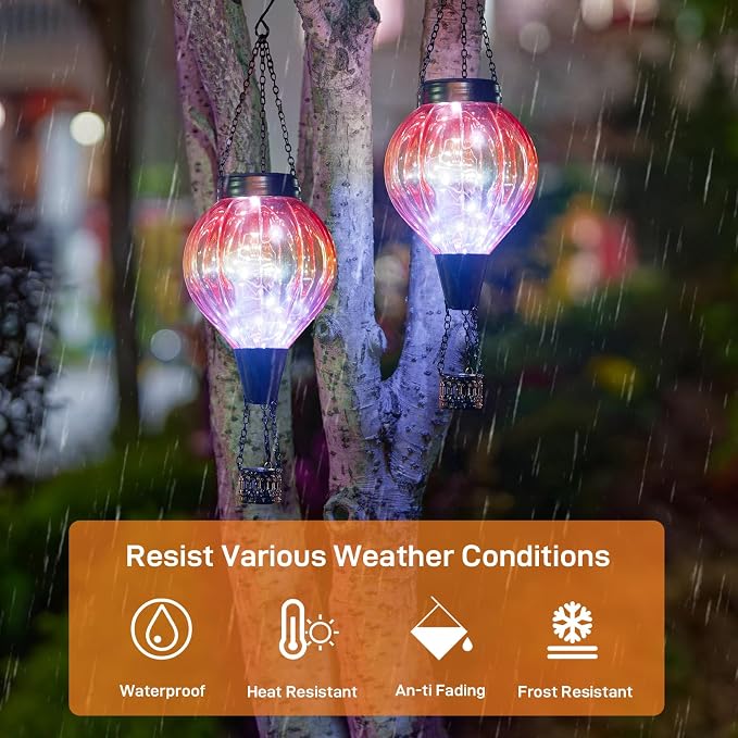 2PC Hot Air Balloon Solar Lantern Outdoor Waterproof, Gradient Orange Glass Balloon Lantern Lights, Hanging Solar Lights for Outside Patio Garden Tree Porch Yard Gift for Women Mom