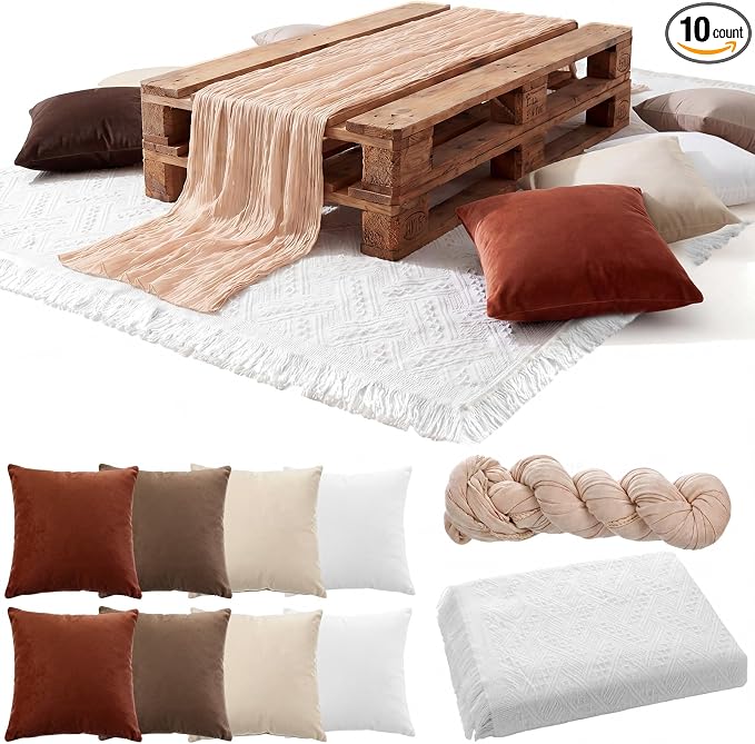 Moukeren 10 Pcs 71''x102'' Extra Large White Outdoor Boho Picnic Blanket with Table Runner and 8 Throw Pillow Covers Oversized Washable Portable Beach Blanket for Picnic Camp Lawn Wedding