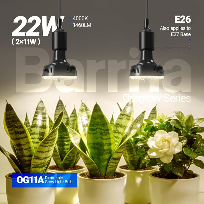 Barrina Orbgrow OG11A Grow Light Bulbs for Indoor Plants, Integrated Dimming & Timing, 4000K 22W(2 x 11W, 200 Watt Equiv), E26 Plant Light Bulb, Full Spectrum for Seeds and Greens, 2 Packs, Black