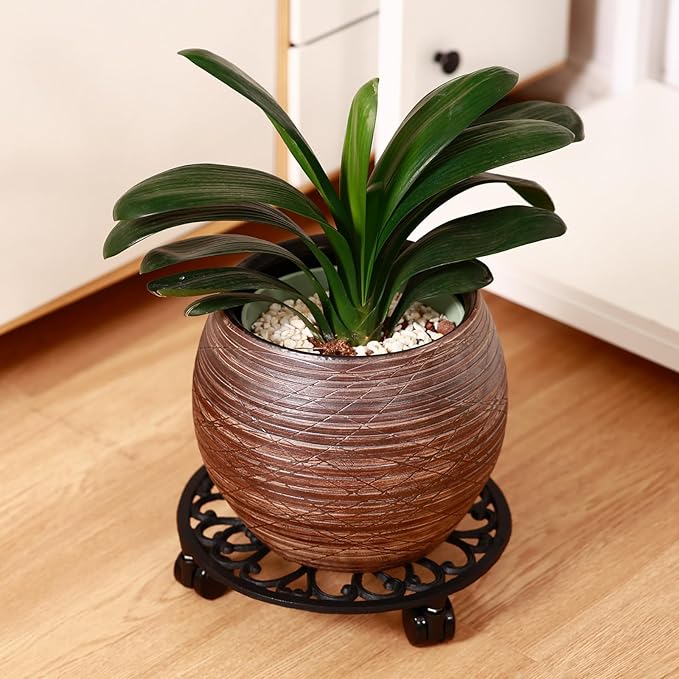 2 Packs 11 Inch Rolling Plant Stand with Wheels Wrought Iron Rolling Plant Stand with Casters Heavy Duty for Indoor Plants Rollers Potted Plant Mover, Metal Round Plant Dolly
