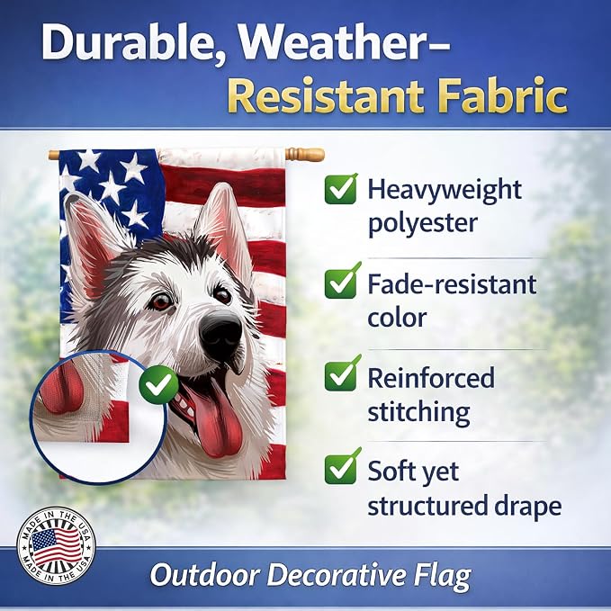 Caroline's Treasures CK6629CHF Northern Inuit Dog American Flag House Flag Large Porch Sleeve Pole Decorative Outside Yard Banner Artwork Wall Hanging, Polyester, House Size, Multicolor
