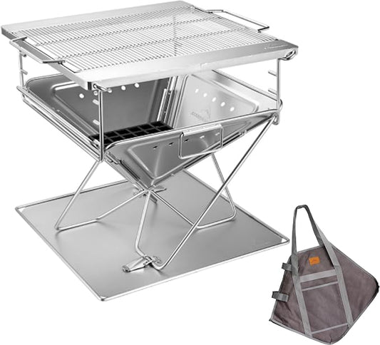CAMPINGMOON 3 in1 Flatpack Portable Fire Pit Grill 16 inch Heavy Duty Stainless Steel Wood Burning Camping Stove Adjustable Height Backyard Outdoor Cooking RV Trips Carry Bag included MT-055