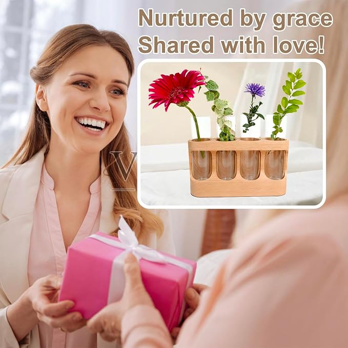 Plant Propagation Station with Wooden Stand, Gardening Gifts for Plant Lovers, 9-Level Dimmable LED Light 4 Glass Test Tubes Vases for Hydroponic Plants - Desktop Terrarium for Home Decor