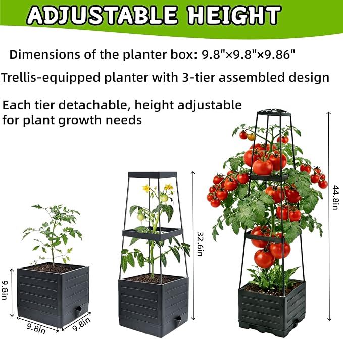 2Pcs Raised Garden Bed Tomato Planter Box with Trellis, 45 Inch Self-Watering Large Tomato Cage for Patio Garden Pots, Climbing Plants Cucumber Vine Vegetables Flowers Outdoor & Indoor