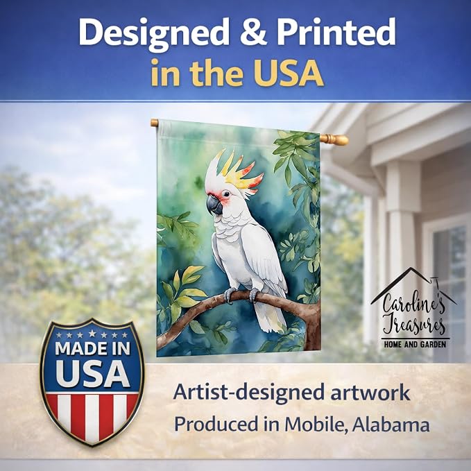 Caroline's Treasures Cockatoo House Flag Large Porch Sleeve Pole Decorative Outside Yard Banner Artwork Wall Hanging, Polyester, House Size, Multicolor