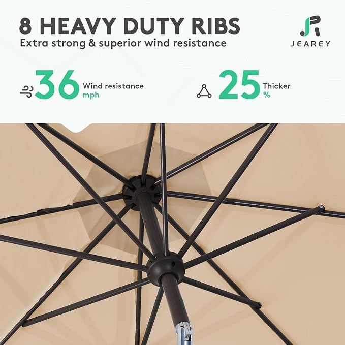 JEAREY 10FT Outdoor Patio Umbrella Outdoor Table Umbrella with Push Button Tilt and Crank, Market Umbrella 8 Sturdy Ribs UV Protection Waterproof for Pool, Garden (Beige)