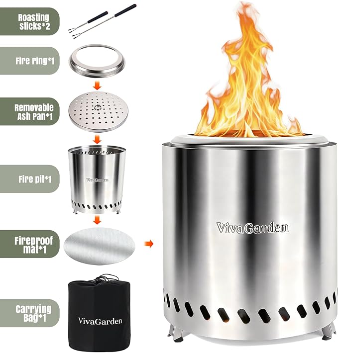 9.5 X 8.6 Inch Tabletop Fire Pit, VivaGarden Portable Firepit, Smokeless Table Top Firepit, Safe Burning Camping Stove, Fueled by Pellets or Wood, Forks, Mat & Travel Bag Included, Silver