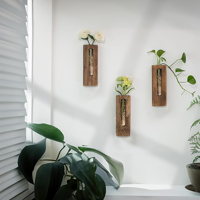 Wall Hanging Plant Propagation Station: Wood Farmhouse Wall Decor for Livingroom Kitchen - Hanging Glass Planter Tubes for Indoor Dried Flowers Eucalyptus Gifts for Women Plants Lovers