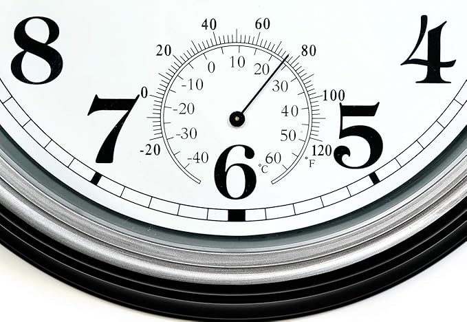 12-Inch Indoor/Outdoor Retro Silent Non-Ticking Waterproof Wall Clock with Thermometer,Battery Operated Quality Quartz Round Clock Wall Decorative for Patio/Home