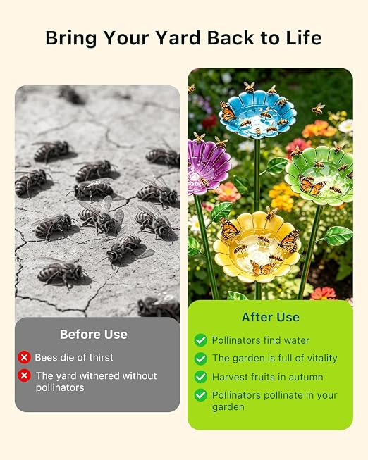 8 Pcs Water Station for Bee Butterfly Pollinator Outdoor Bird Bath Metal Round, Shallow Feeding Bowl for Garden Yard Balcony Color Decor, 3 Height Adjustable Stake Multipurpose Dish for Thirsty Insect