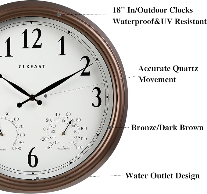 CLXEAST 18 Inch Indoor Outdoor Clocks Waterproof, Large Outdoor Clock with Temperature and Humidity Combo,Weatherproof,Bronze/Brown
