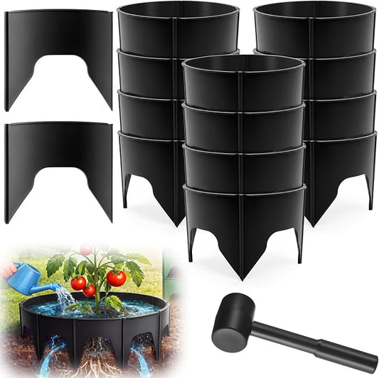 50 Pcs Planting Grow Rings, Diameter Range 8.2-15.7 Inches, Adjustable Interlocking Plant Support Rings with Mallet, Reusable Tree Watering Ring for Garden Root Irrigation (Black)